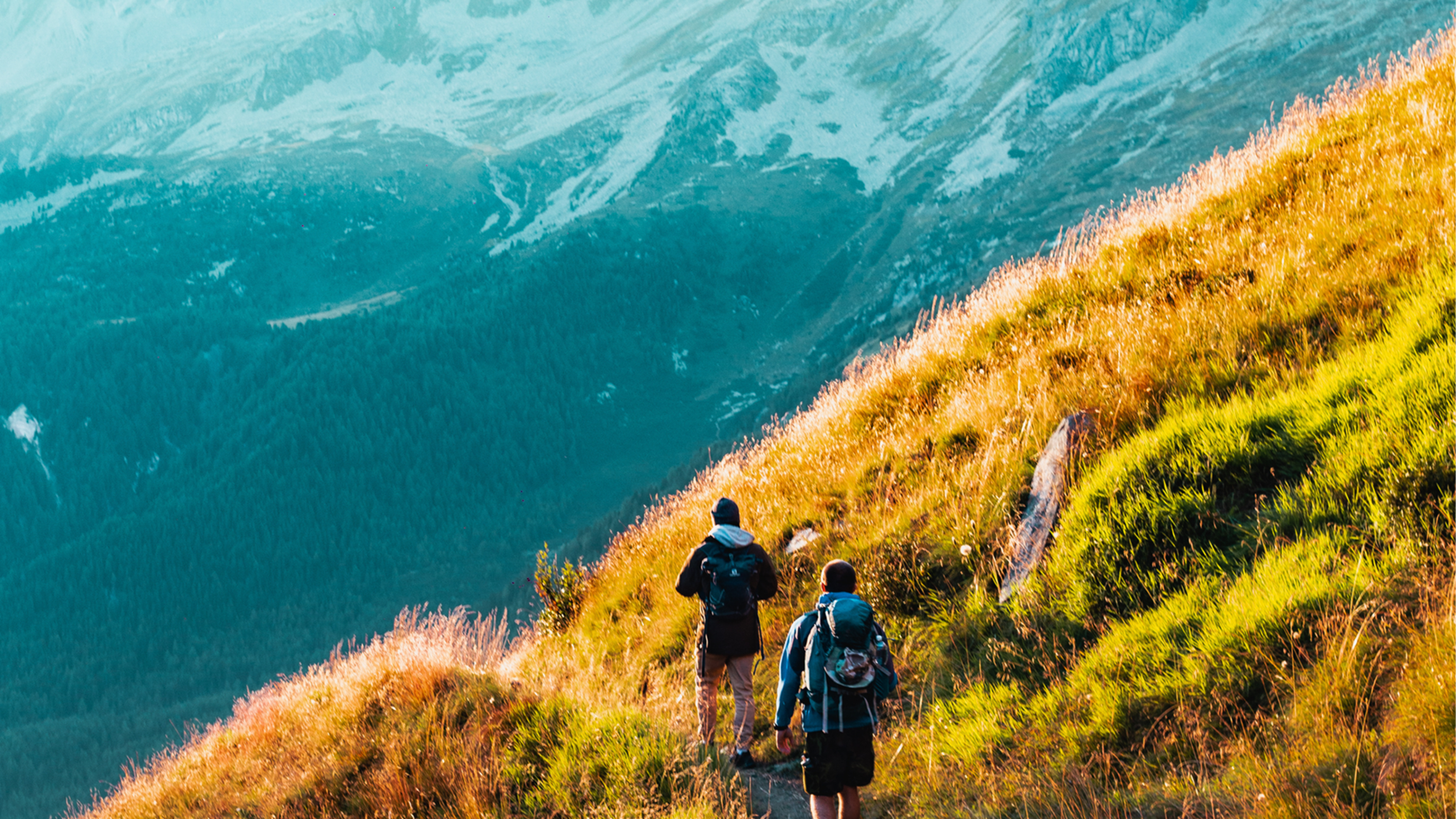 Zwei Personen wandern in den Bergen.