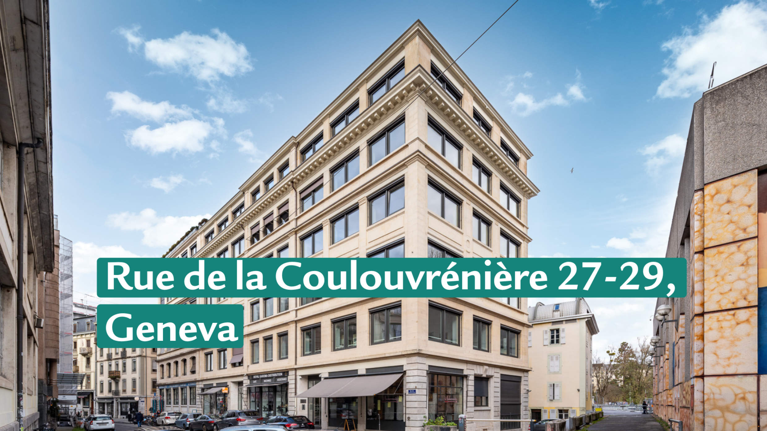 orner building on Rue de la Coulouvreniere 27–29 in Geneva with a light facade along an inner‑city street.