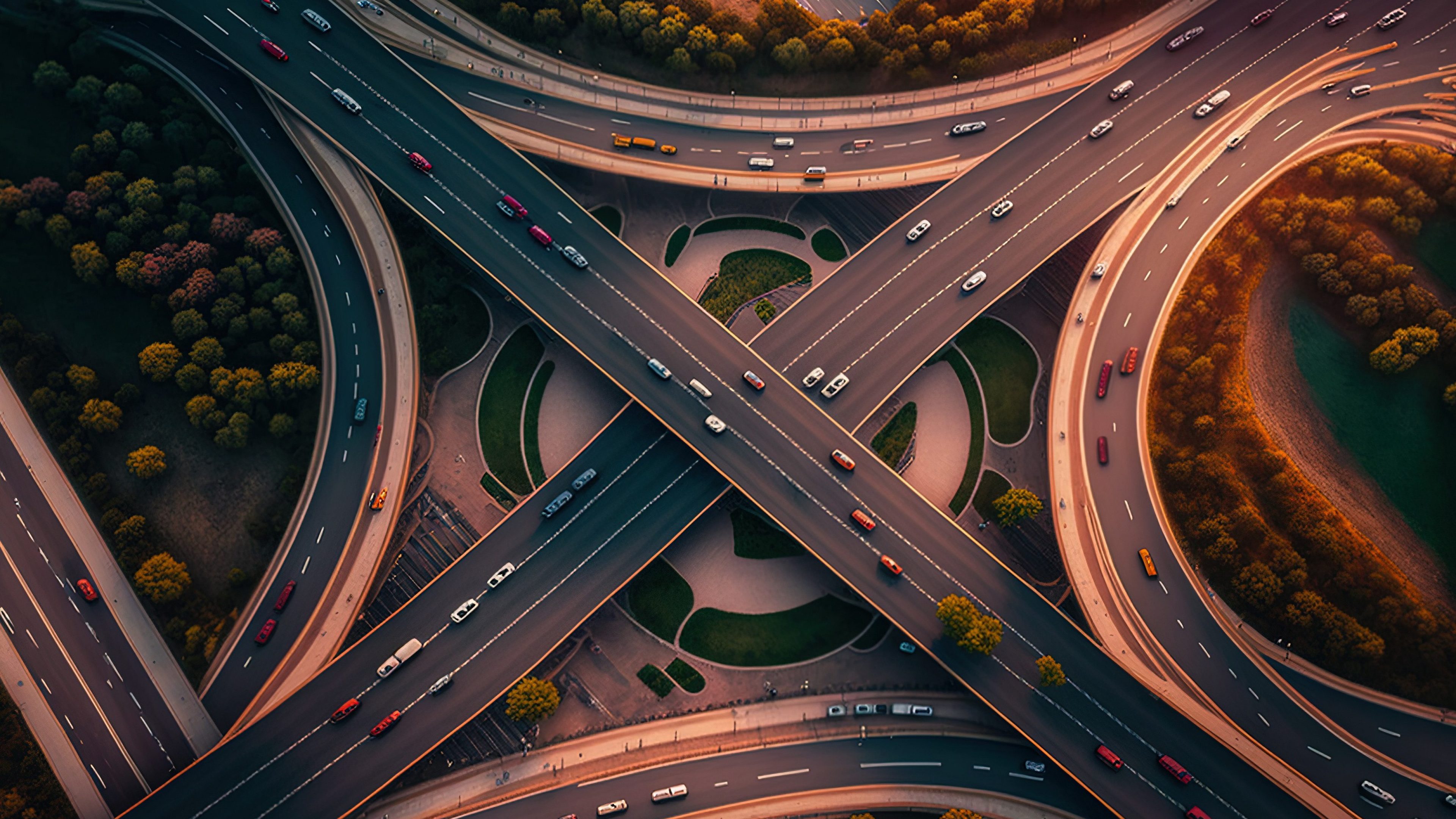 aerial picture of a city's traffic junction, aerial picture of a city's overpass and highway highway's top view Highway traffic is a crucial infrastructure, Ecology. Generative AI
