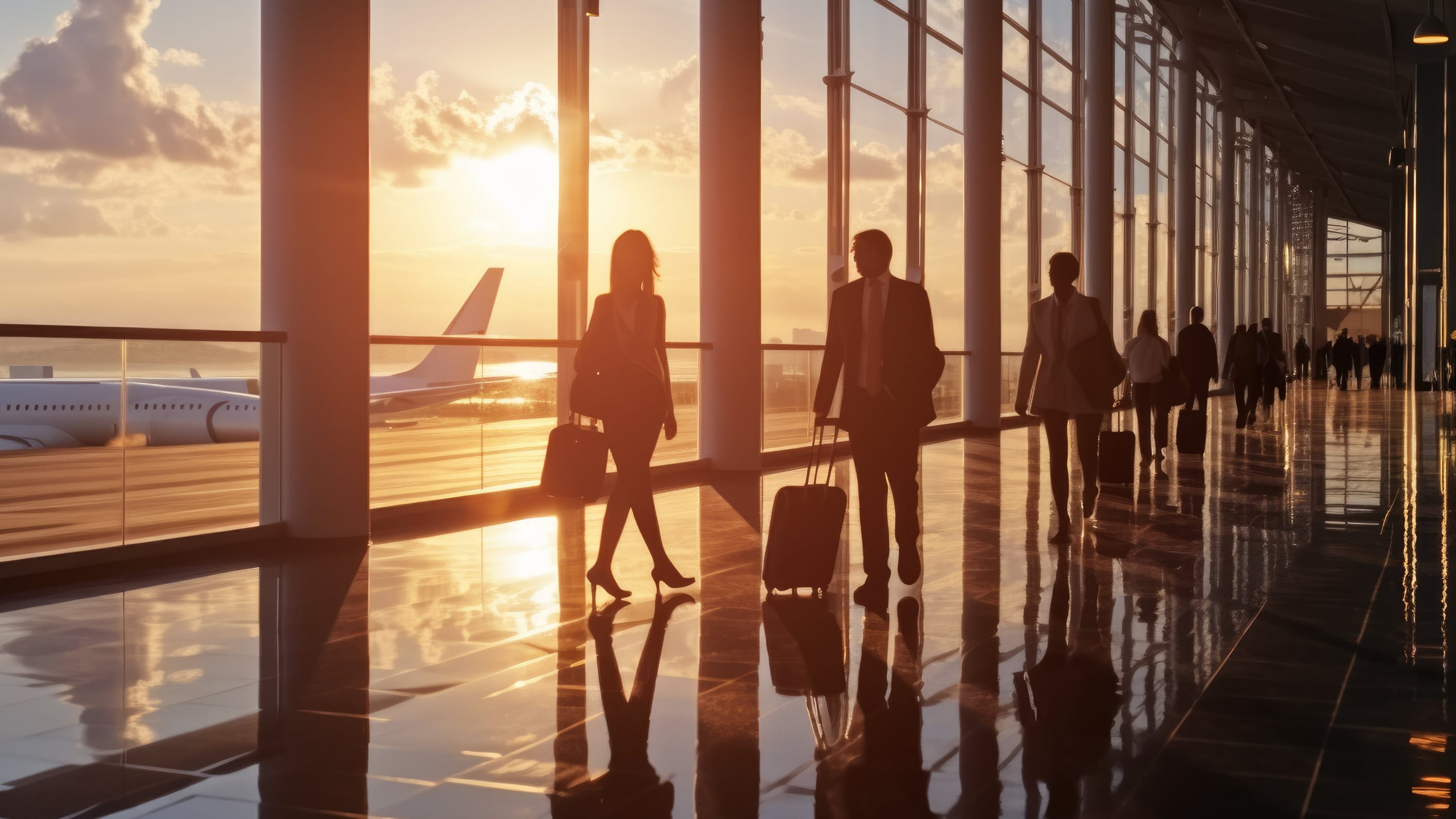 Silhouette of business travellers walking towards boarding gate at modern airport terminal, generative AI