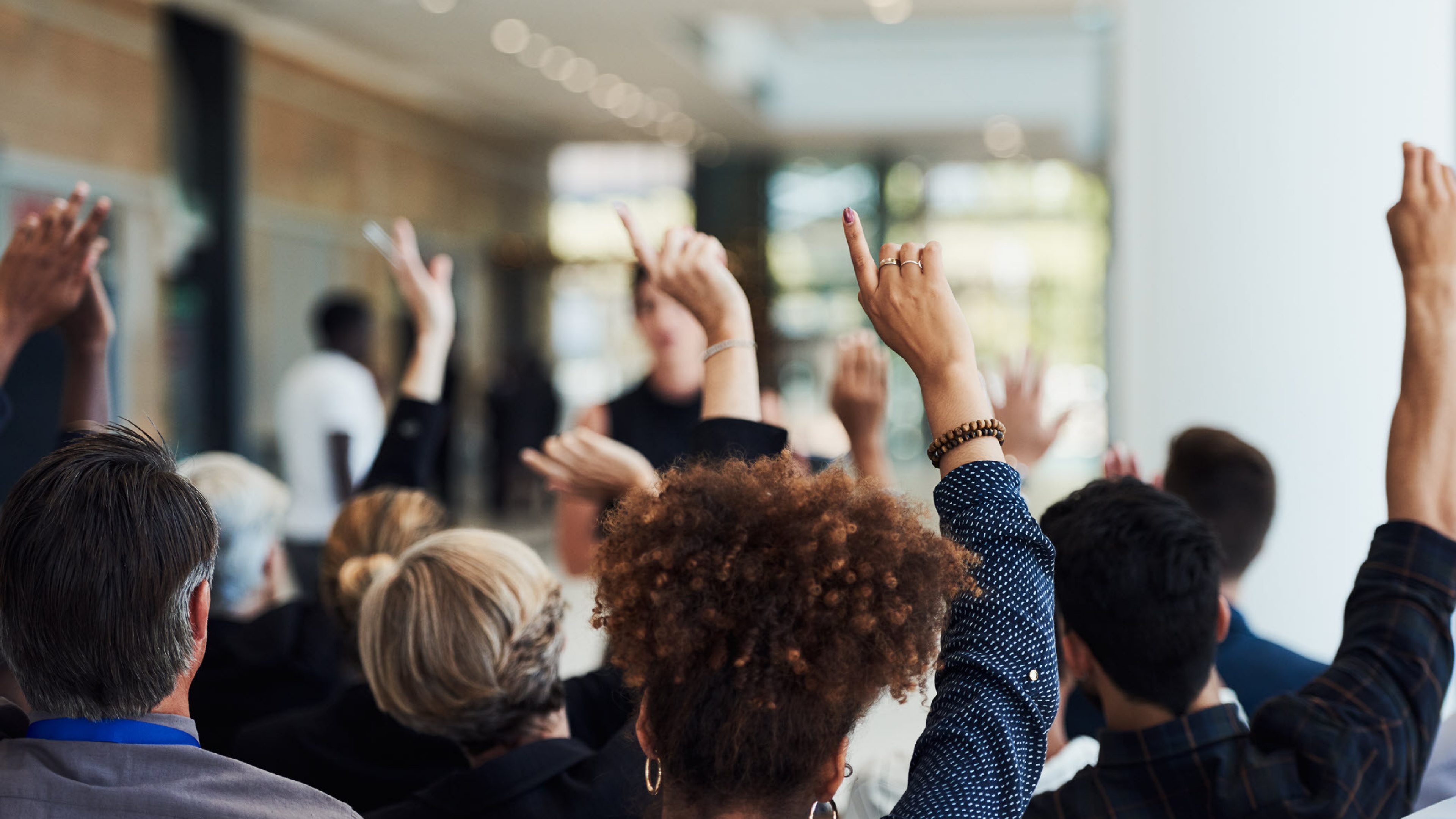 Persone che alzano le mani per votare.