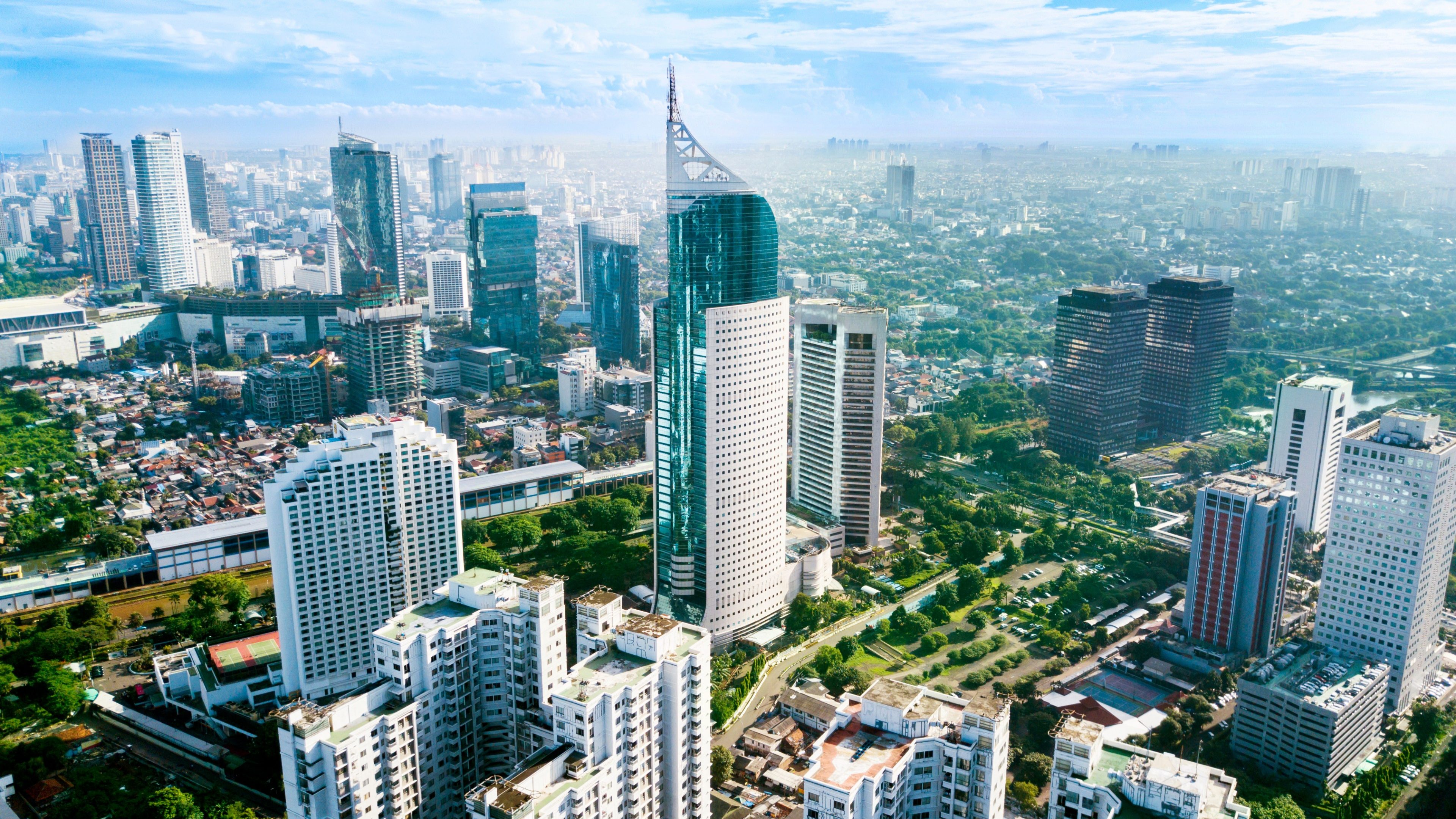 March 12, 2018: Aerial photo of iconic BNI 46 Tower located in South Jakarta Central Business District, Indonesia