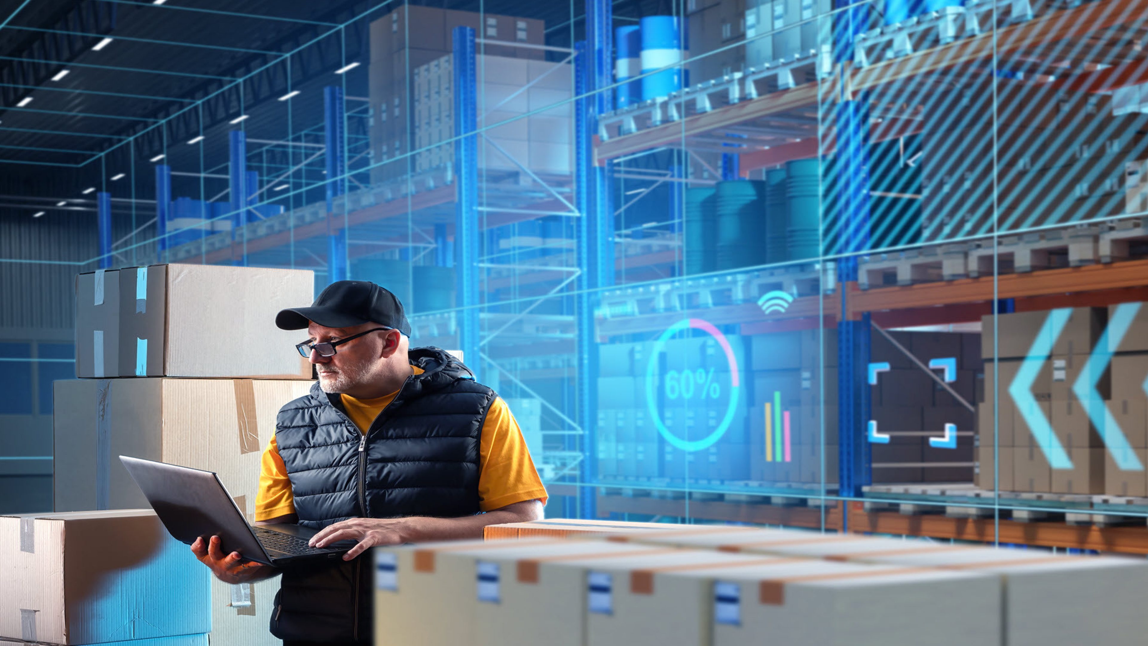 Un homme dans un entrepôt logistique.